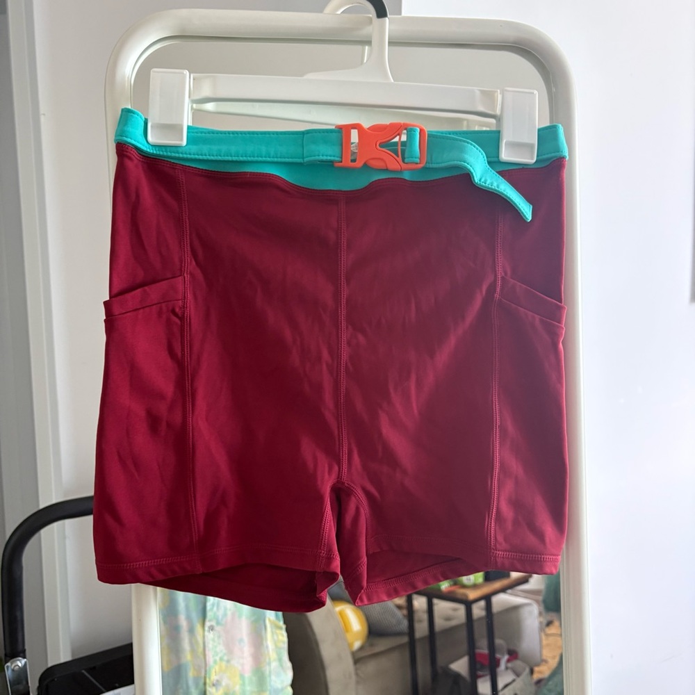 Fabletics Red and Teal buckle Athletic Shorts with pockets